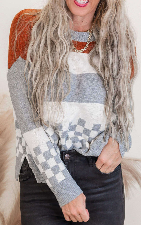 Copper Colorblock Checkerboard Sweater