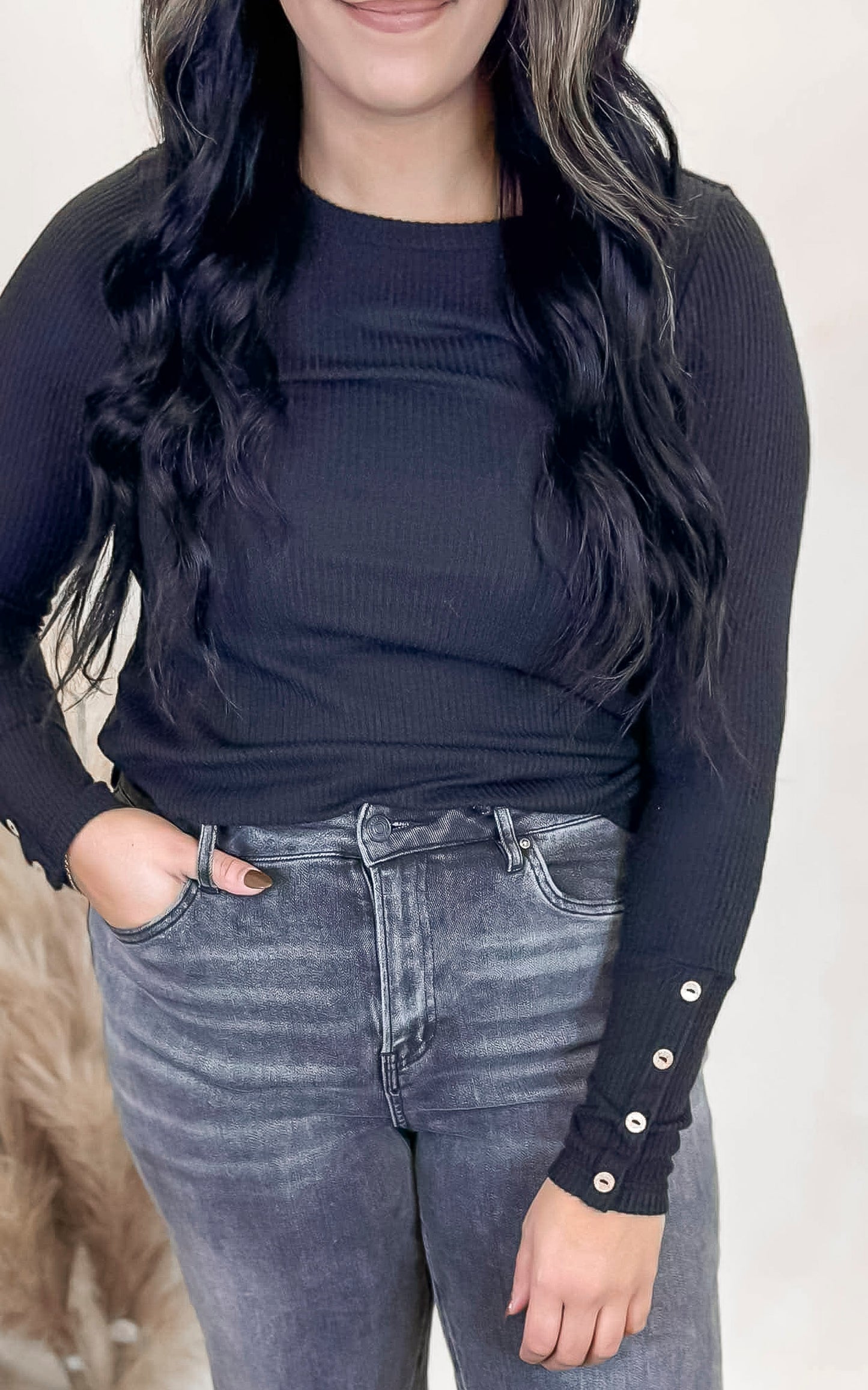 Black Button Long Sleeve Ribbed Top