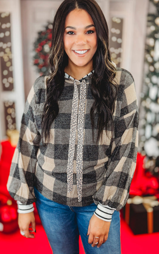 Mocha Buffalo Plaid Drawstring Contrast Hoodie - *DEAL - COUPON EXCLUDED*