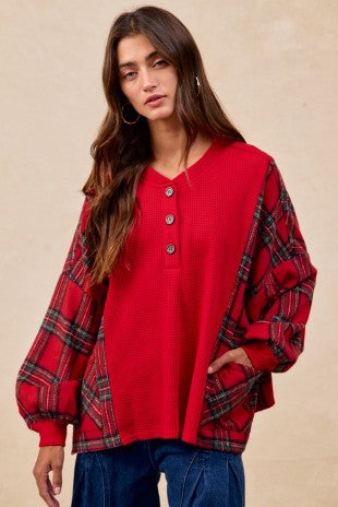 Plaid Fleece With Waffle Combo Buttoned Top | BIBI LIVE *LA LIVE PREORDER (START SHIP 11/7) **