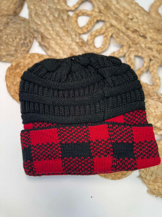 Buffalo Plaid Ponytail Beanie