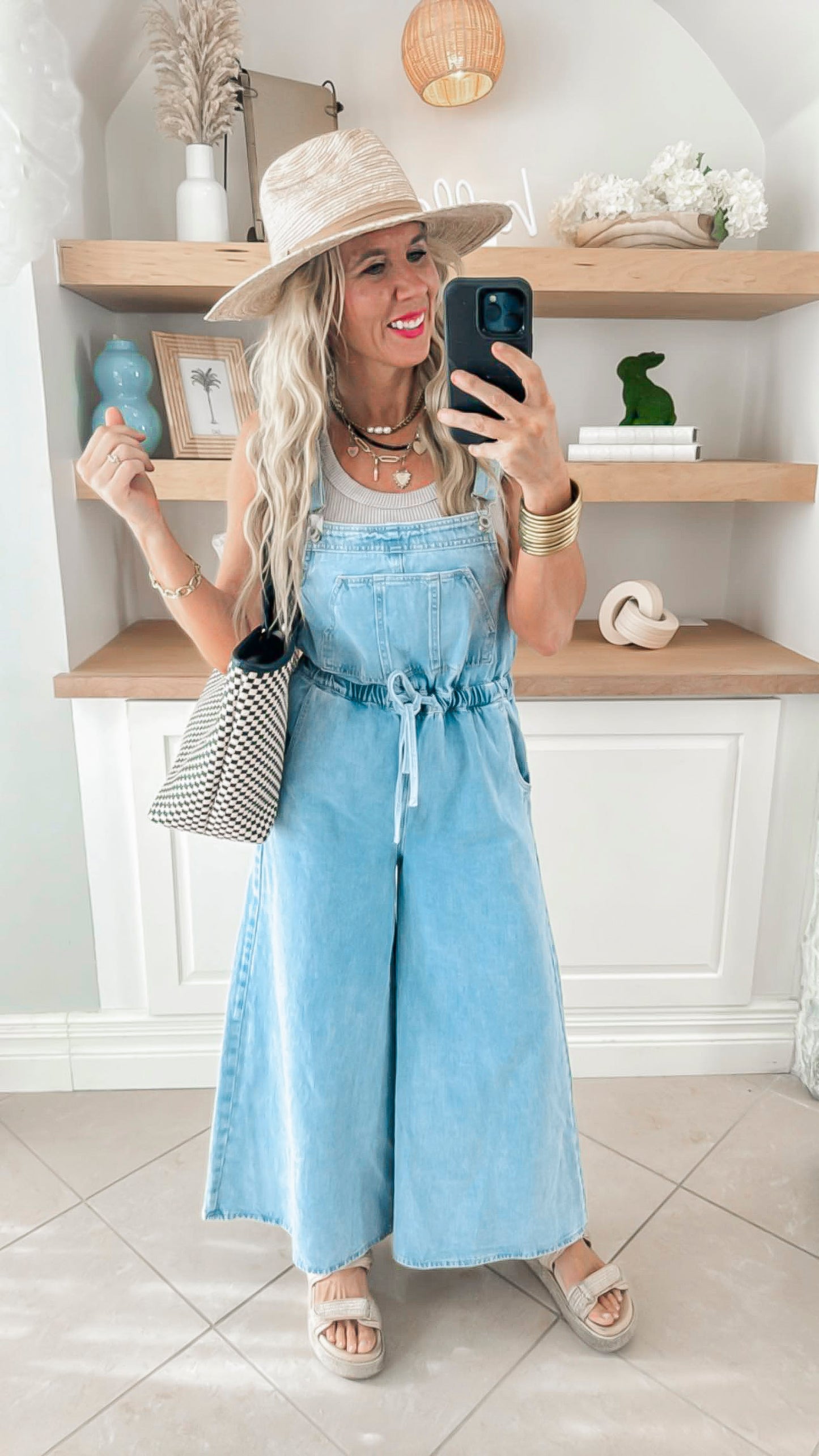 Drawstring Wide Leg Denim Overalls