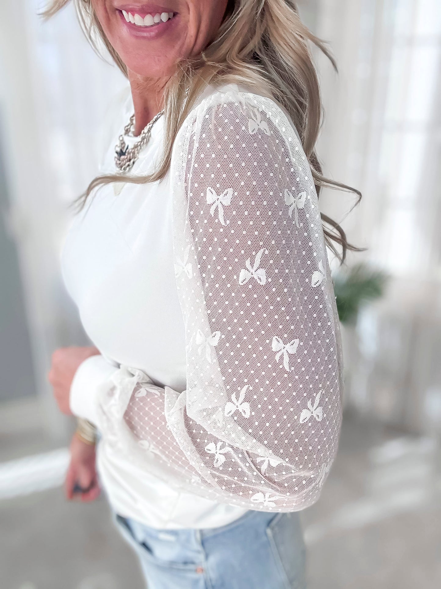 It's All in the Bow Details Lace Sleeve Top