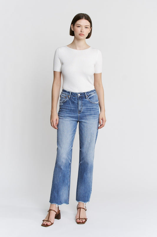Dark Peacock Blue High Rise Raw Hem Loose Fit Straight Denim Jean | MICA *PREORDER
