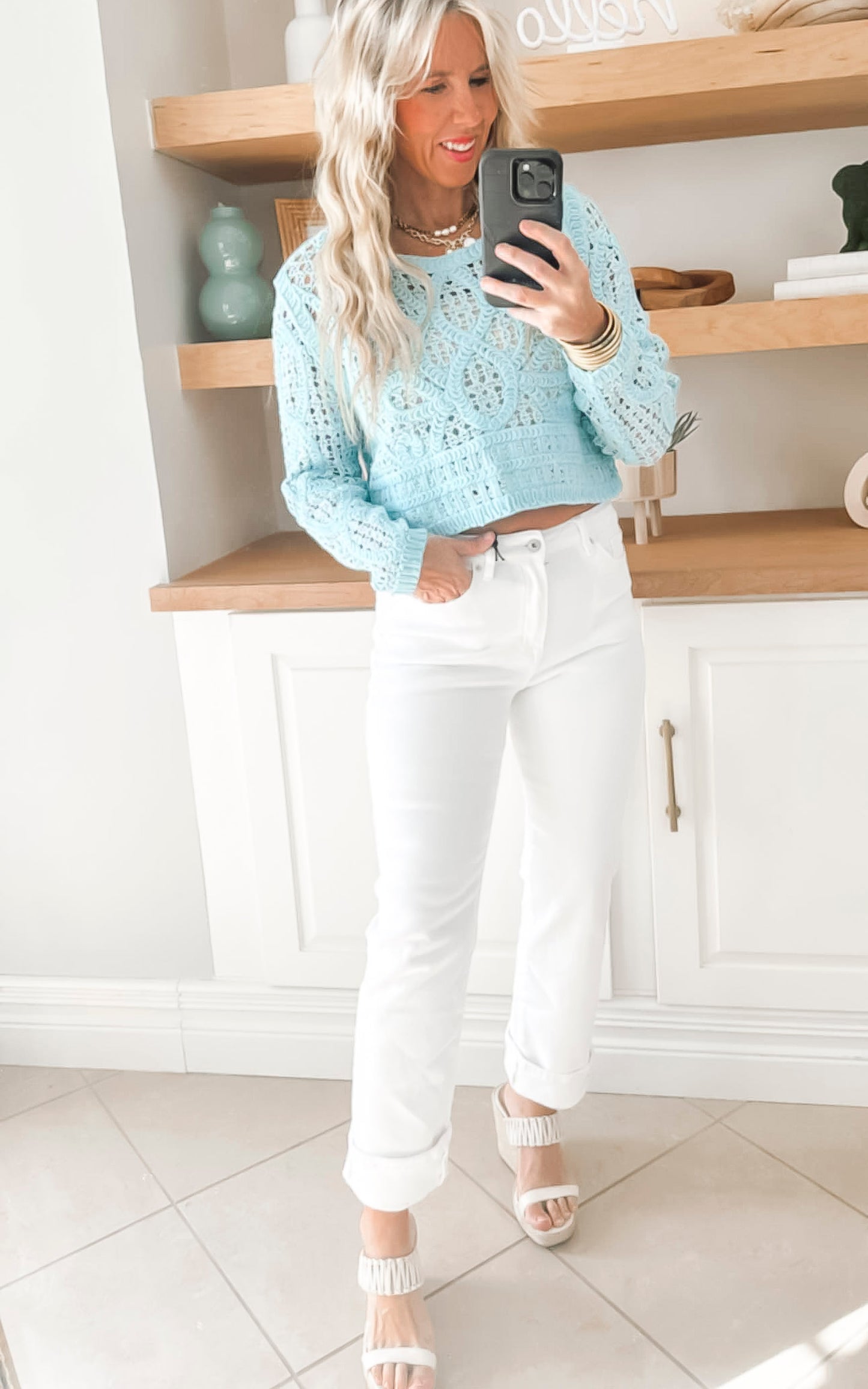 Round Neck Long Sleeve Crochet Top | POL