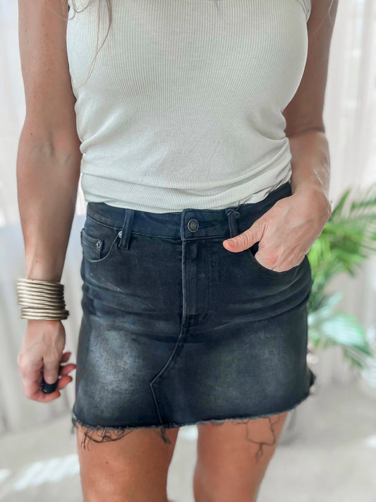 High Rise Raw Hem Denim Mini Skirt - Mica