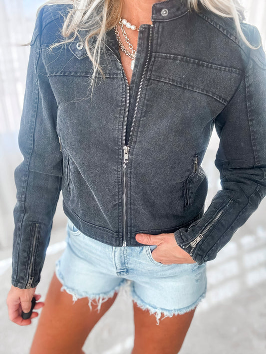 Distressed Denim Biker Jacket