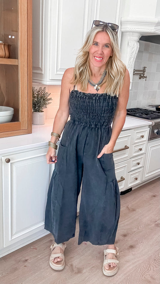 Mineral Wash Sleeveless Smocked Jumpsuit