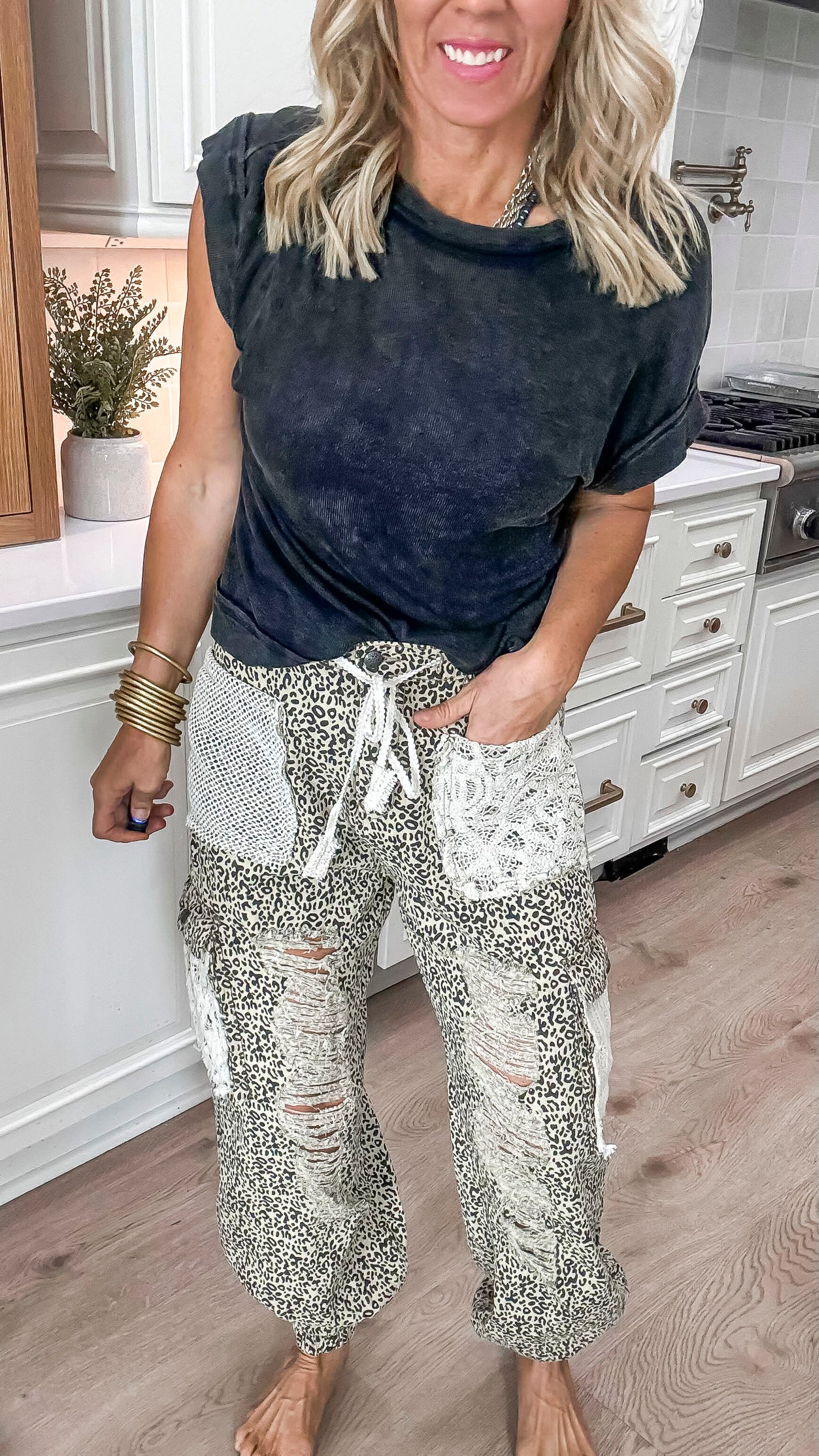 Sand Leopard Vintage Wash Crochet Patches Distress Jogger Pants | POL