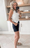 black shorts paired with stripe tank top 
