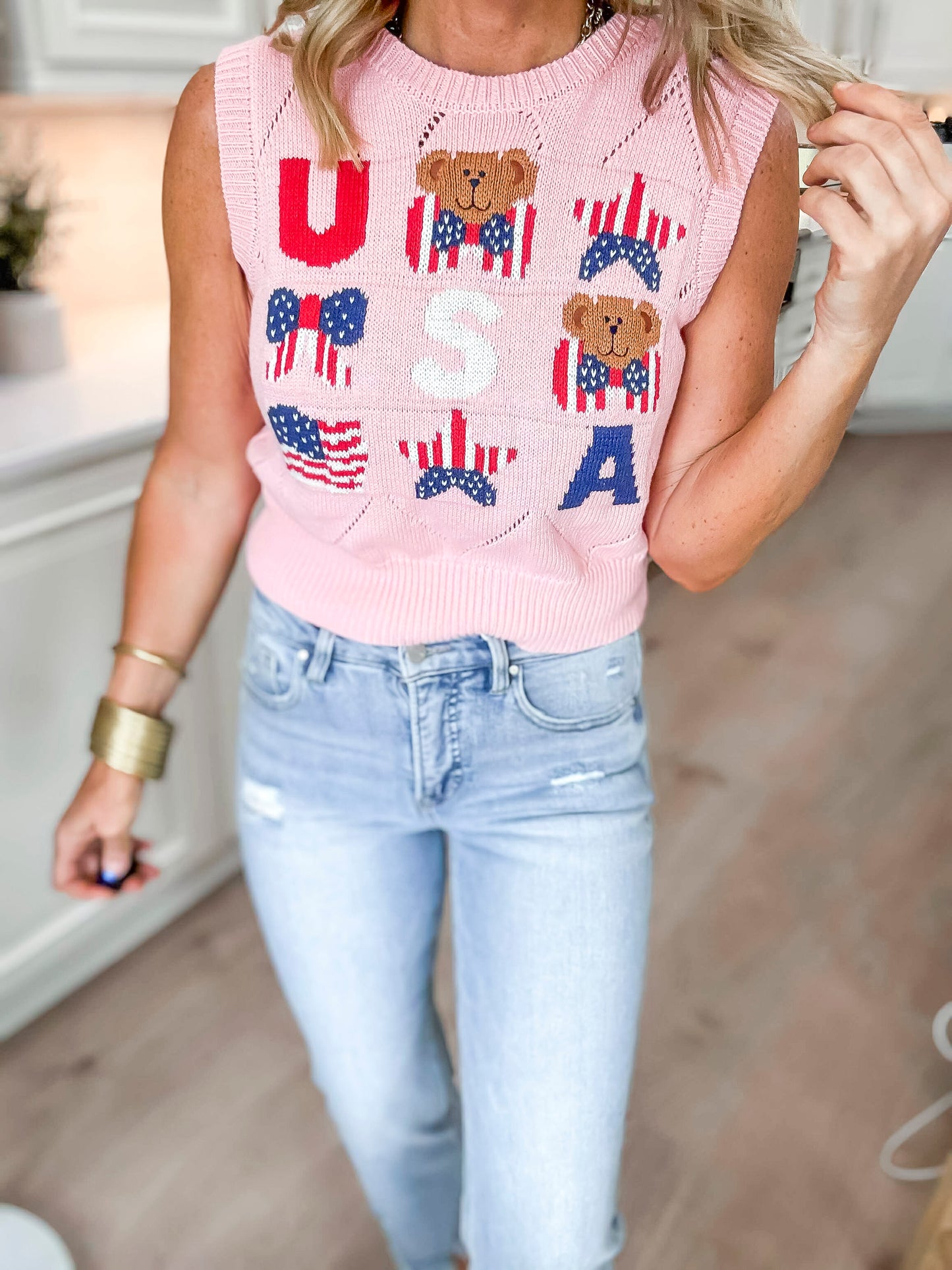 American Flag With Bear Knitted Vest - Final Sale