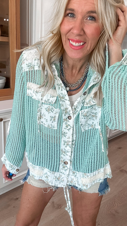 Vintage Washed Crochet Hoodie Jacket With Patchwork | POL