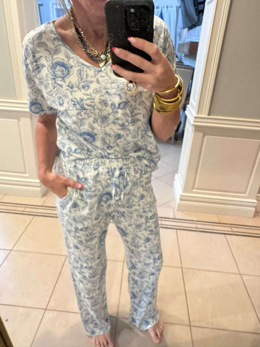 Blue Floral Pajama Set by Salty Wave (TOP & BOTTOM) | Salty Wave -DEAL