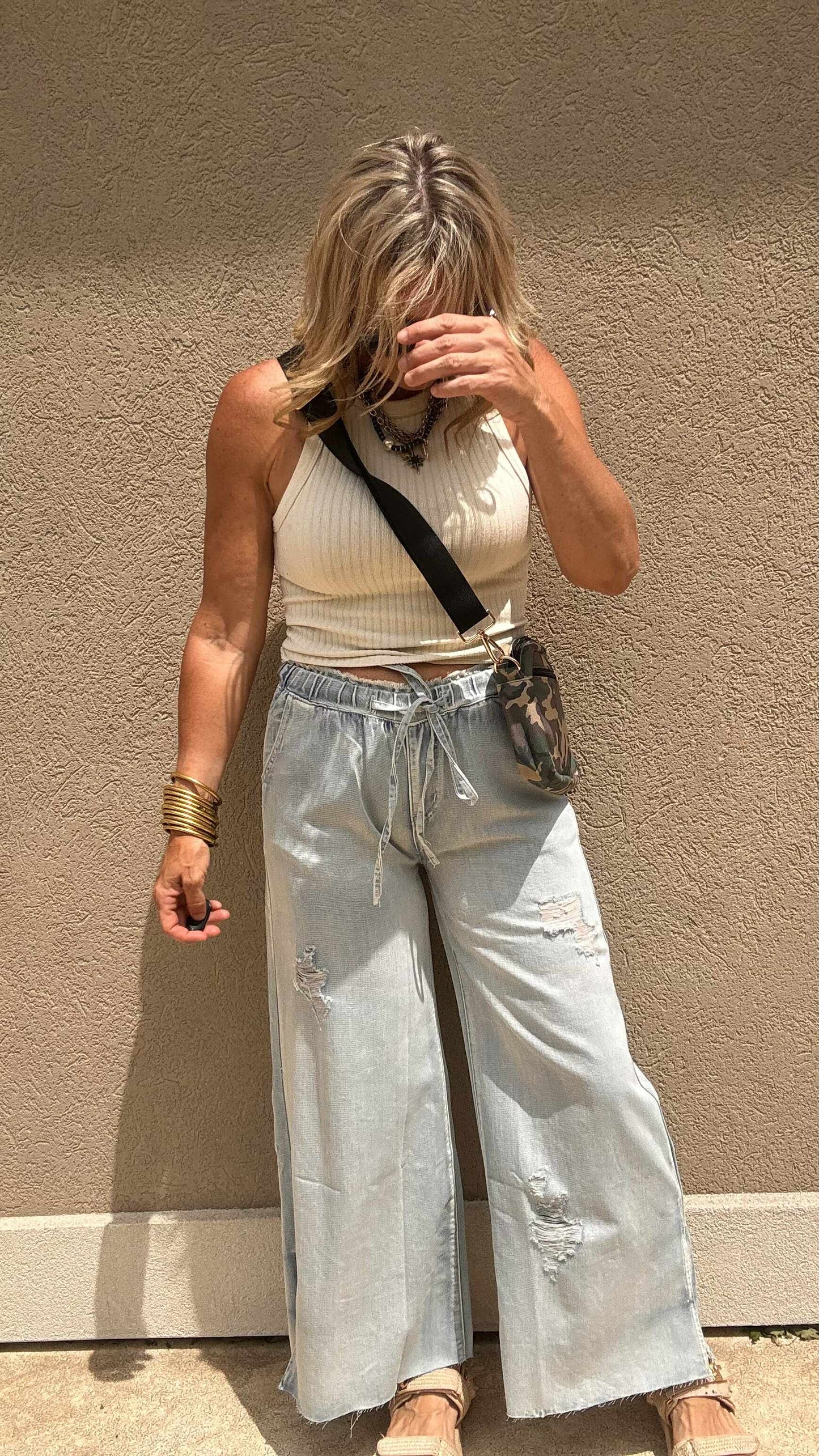 Denim Wide Leg Drawstring Pants | POL – BAD HABIT BOUTIQUE