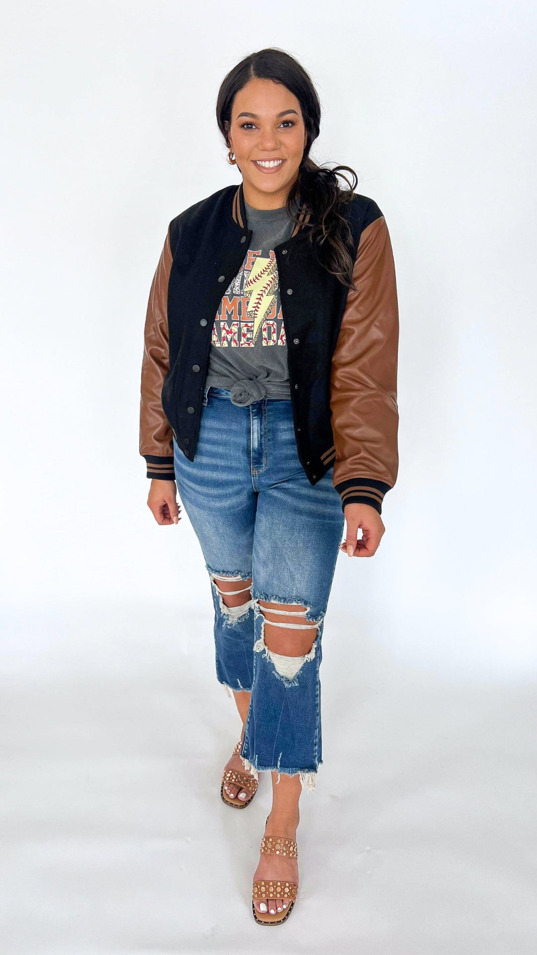 Faux Leather Sleeves Varsity Jacket