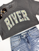 Casual short sleeve tee in washed pepper color with camo-style River graphic.