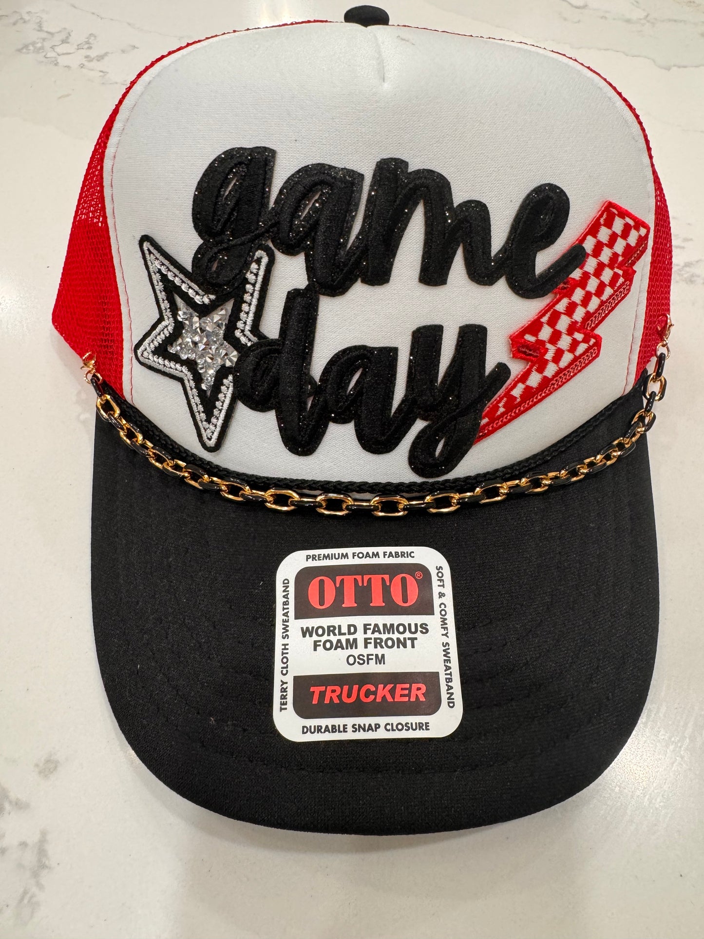 Sara's Custom Red/White Game Day with Chain Trucker Hat