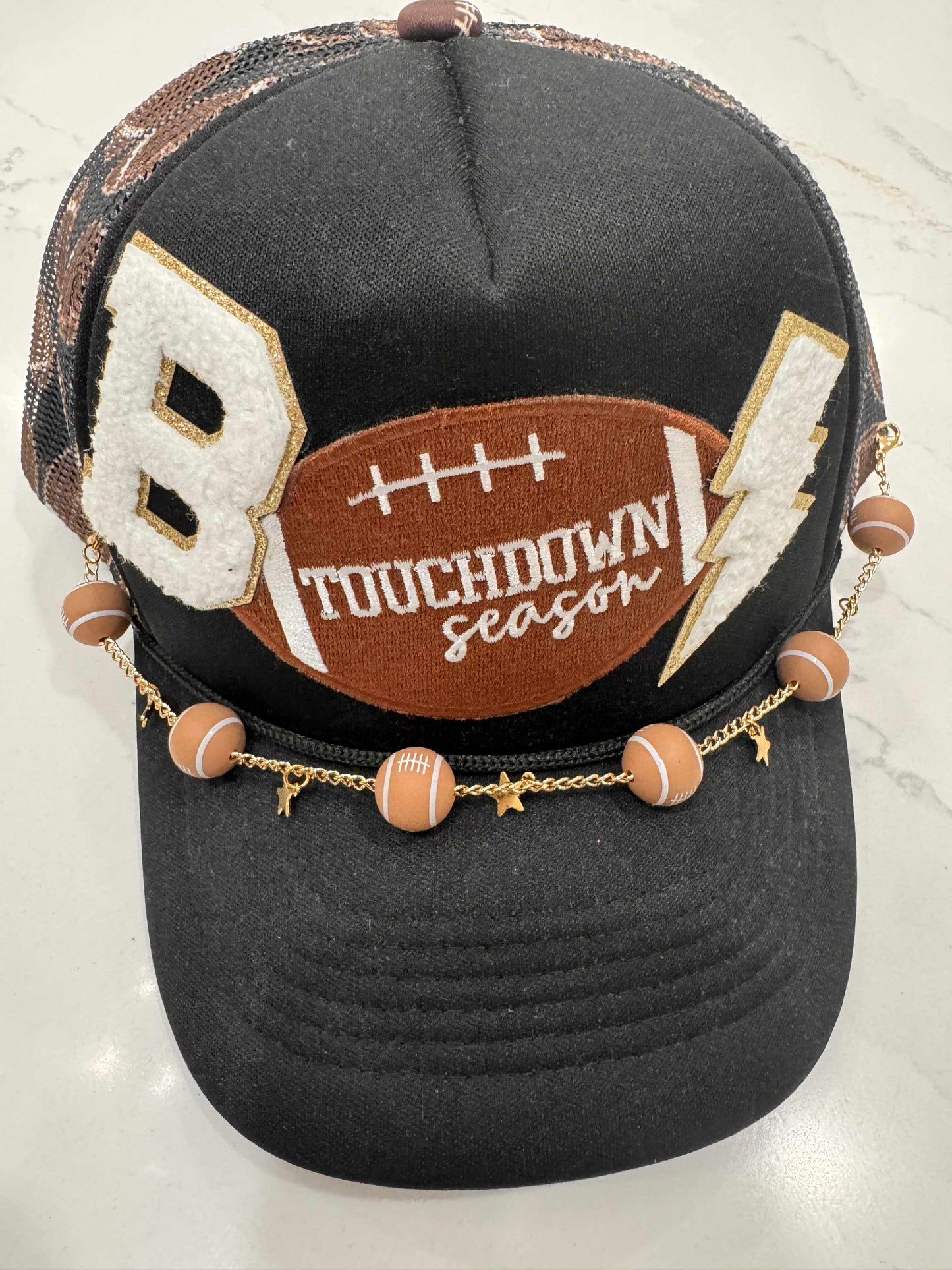 Sara's Custom Black & Football Mesh Touchdown Season with Chain Trucker Hat