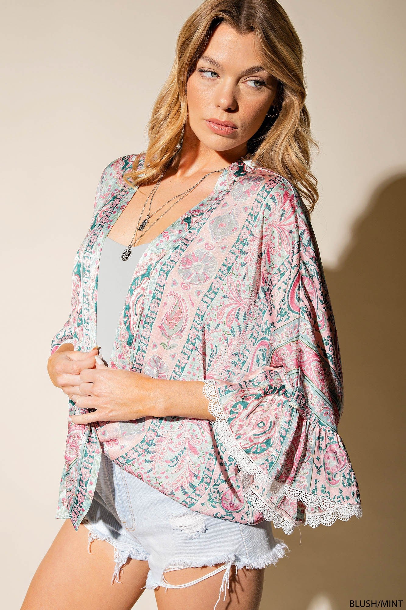 Paisleys and Lace Tie Front Kimono Top