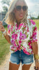 Floral Print Pintuck Detail Split Neck Blouse Top