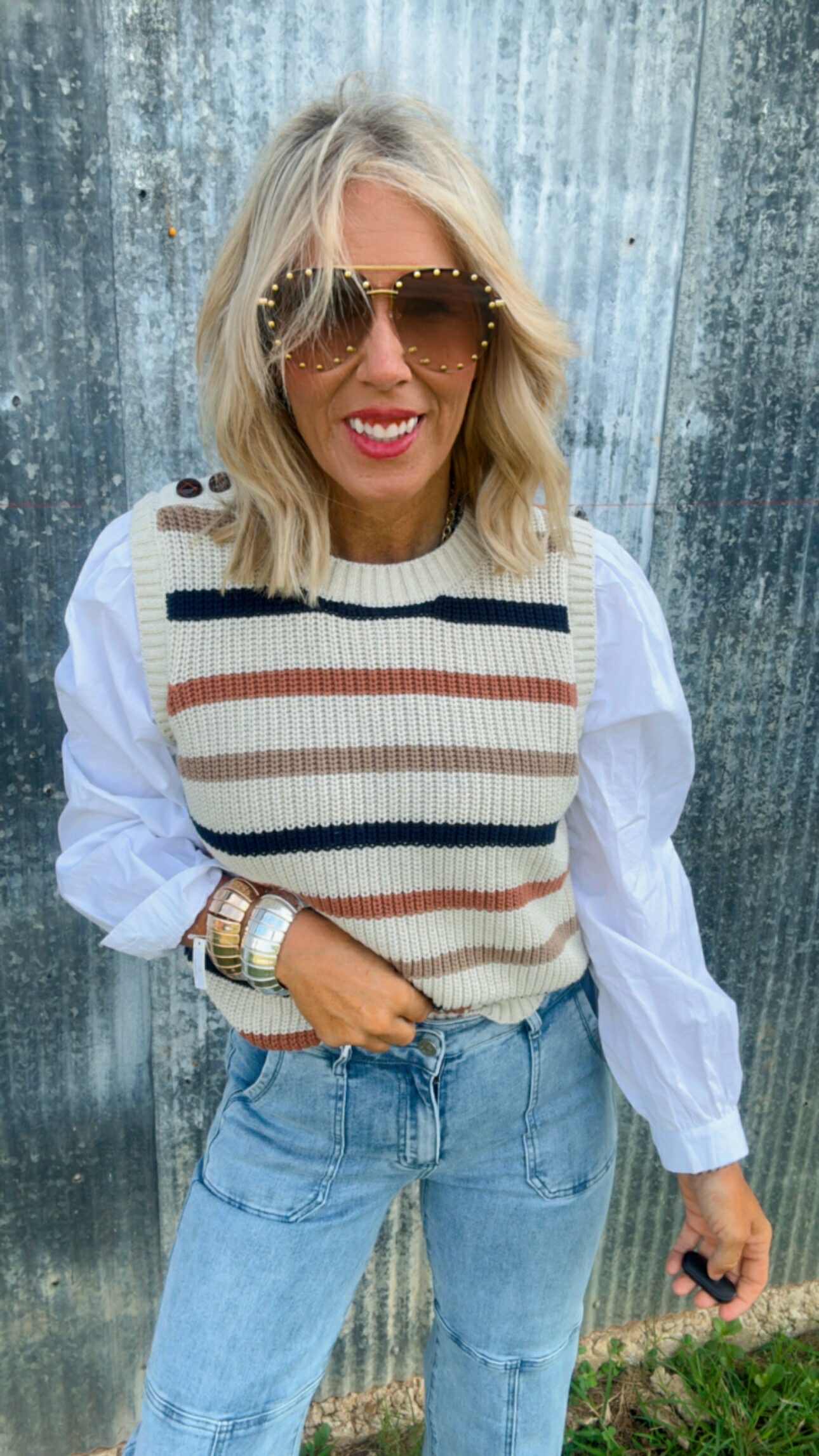 Attached Cotton Undershirt Stripe Sweater Vest