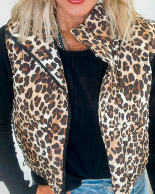 Camel Leopard Print Zip Up Puffer Vest