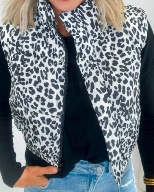 Black Leopard Print Zip Up Puffer Vest