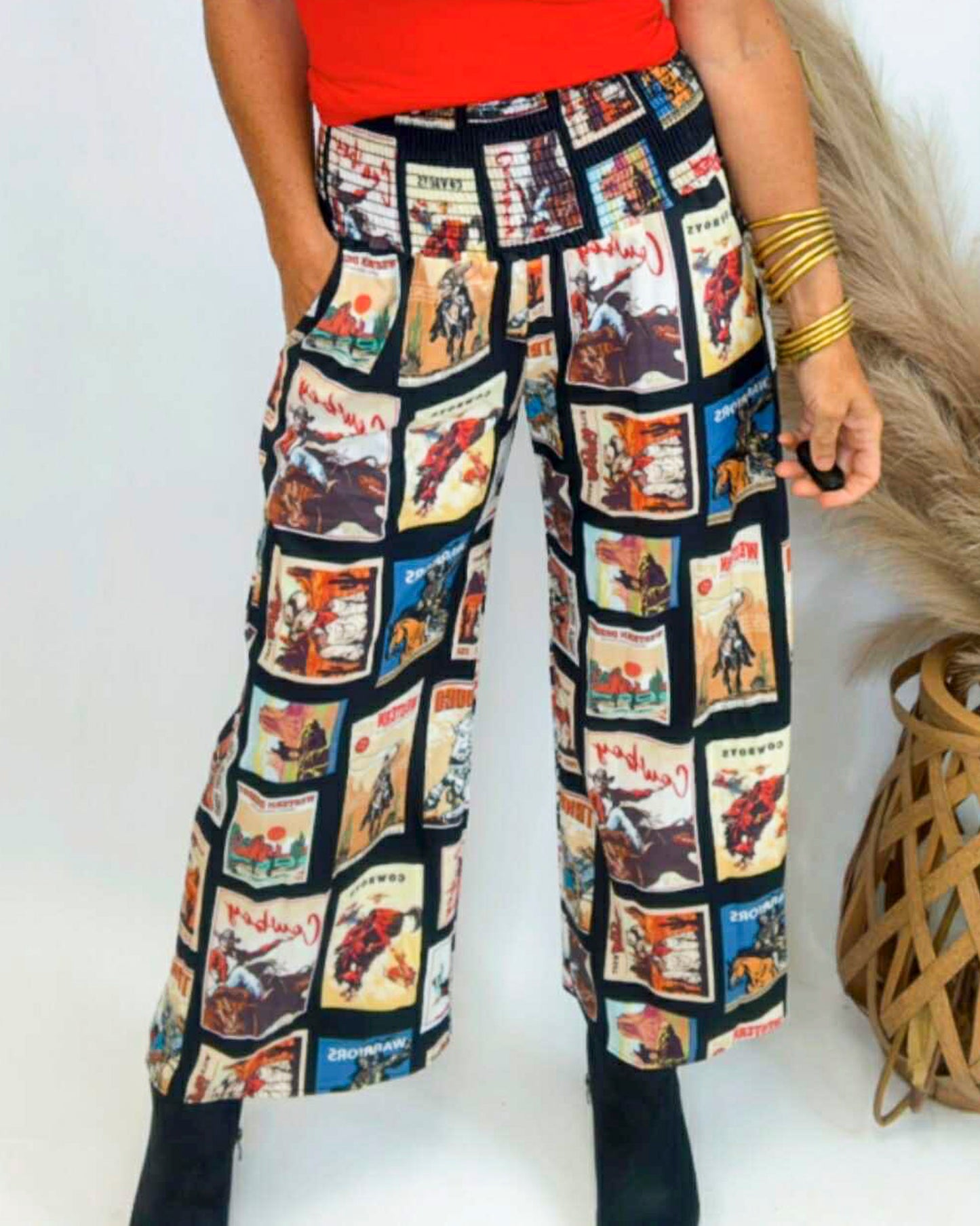 Vintage Western Print Smock Waist Woven Pants