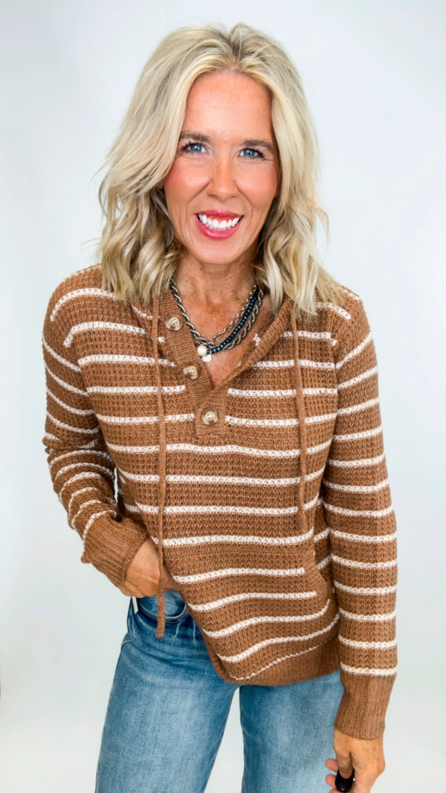 Waffle Textured Stripe Hoodie Sweater Top (2 COLORS)