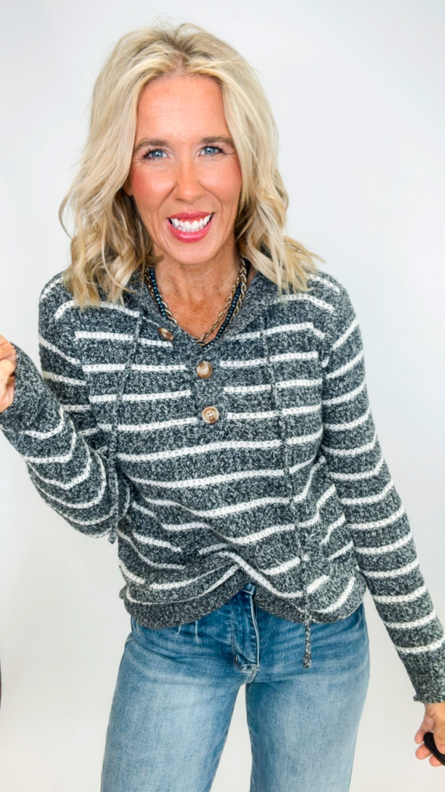 Waffle Textured Stripe Hoodie Sweater Top (2 COLORS)