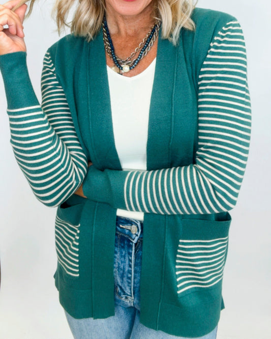 Striped Color Block Open Front Cardigan