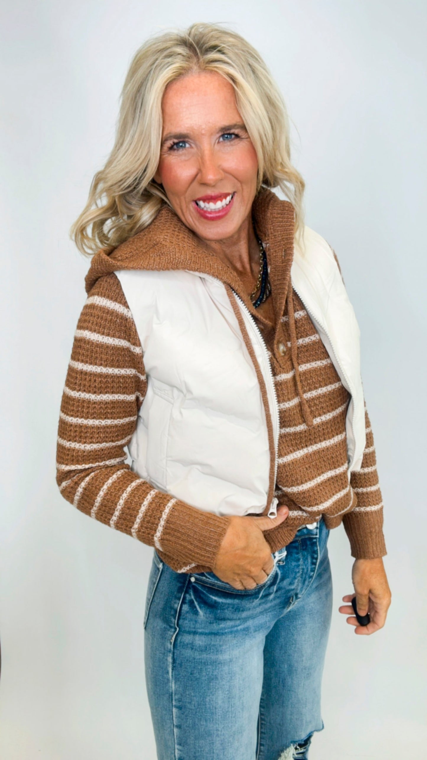 Waffle Textured Stripe Hoodie Sweater Top (2 COLORS)
