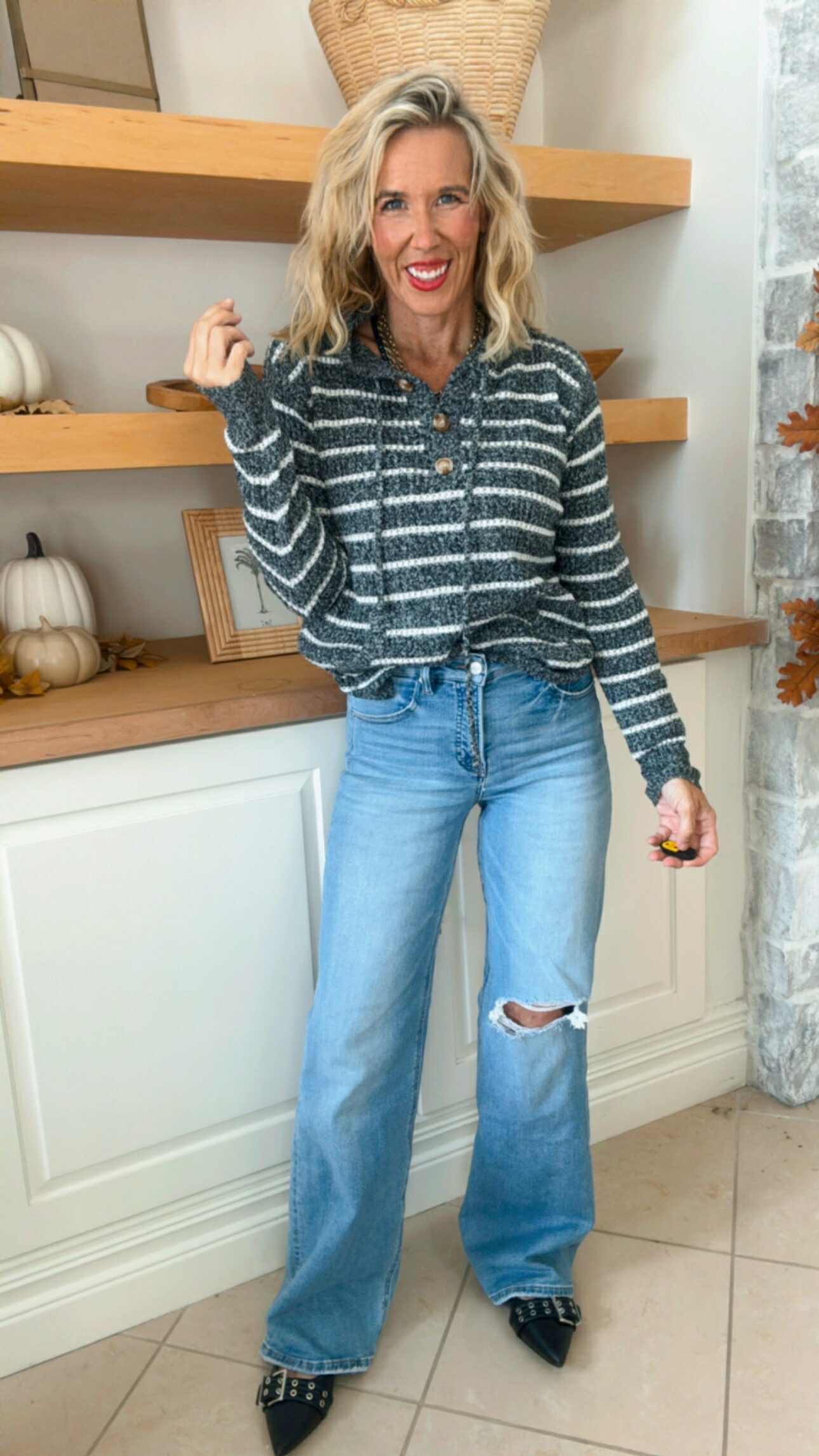 Waffle Textured Stripe Hoodie Sweater Top (2 COLORS)
