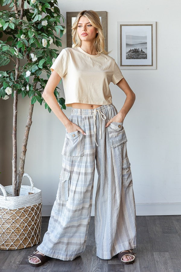 Washed 3D Pocket Narrow Stripe Wide Leg Pants | Oli & Hali
