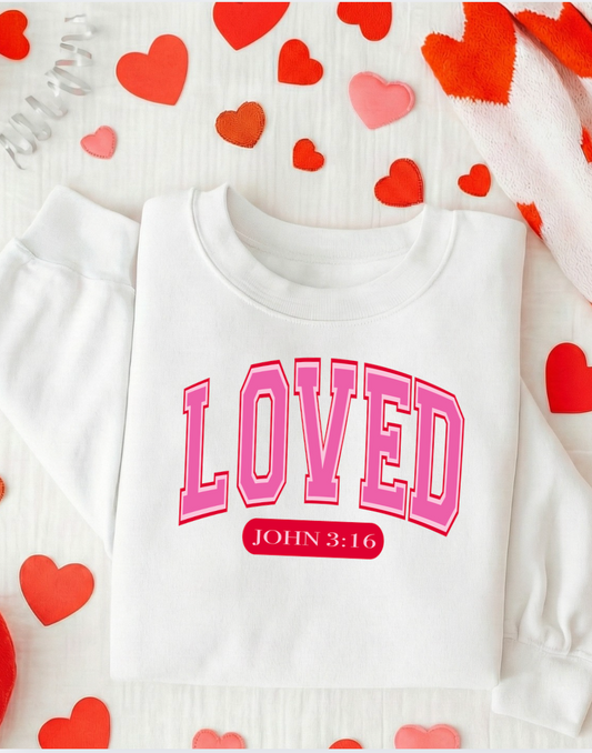 LOVED John 3:16 White Crewneck Graphic Sweatshirt