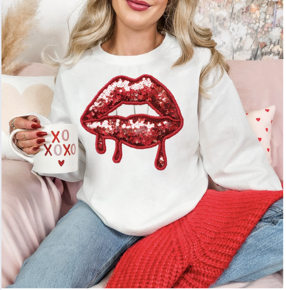 Lip Drip White Crewneck Graphic Sweatshirt