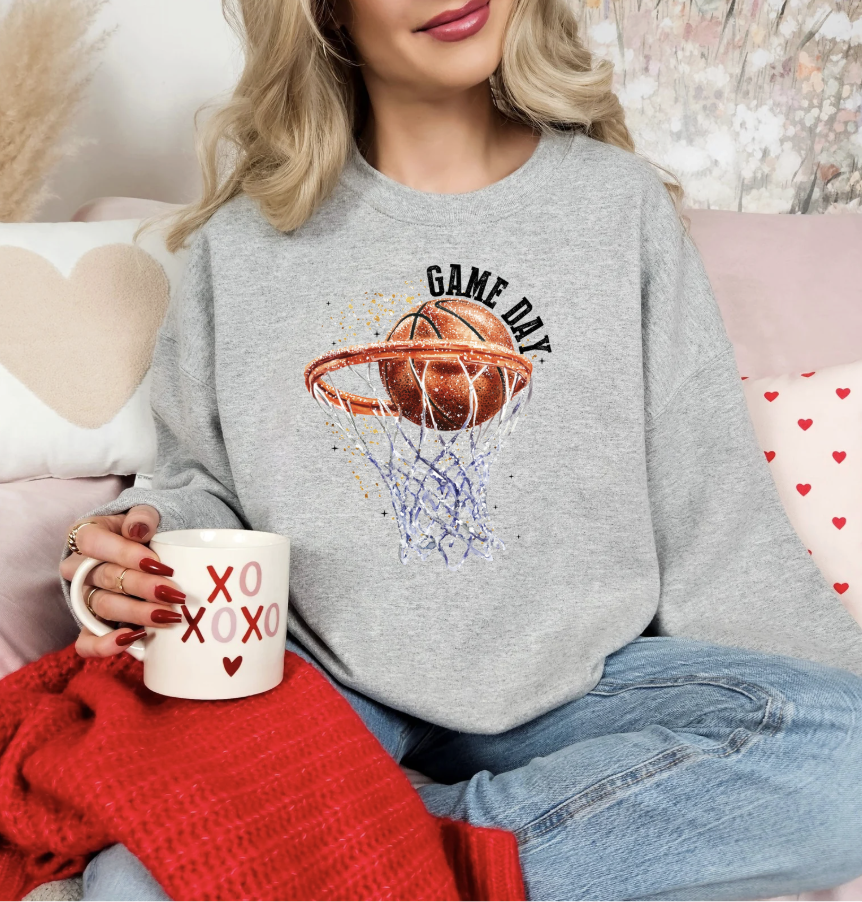 Basketball Game Day Ash Crewneck Graphic Sweatshirt