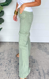 Olive Cargo Wide Leg Denim Jeans | Risen
