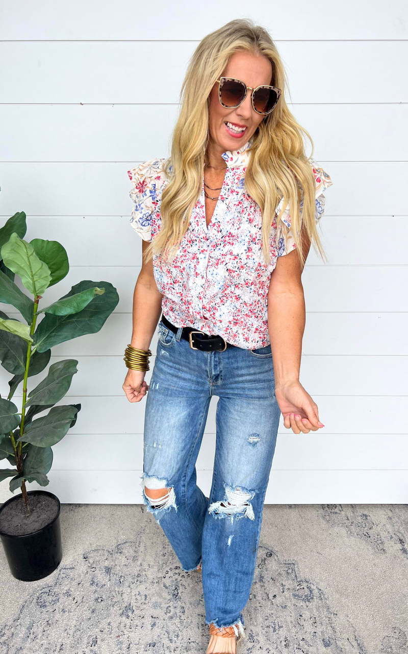 The Simple Truth Ruffle Sleeve Floral Blouse | Red | FINAL SALE