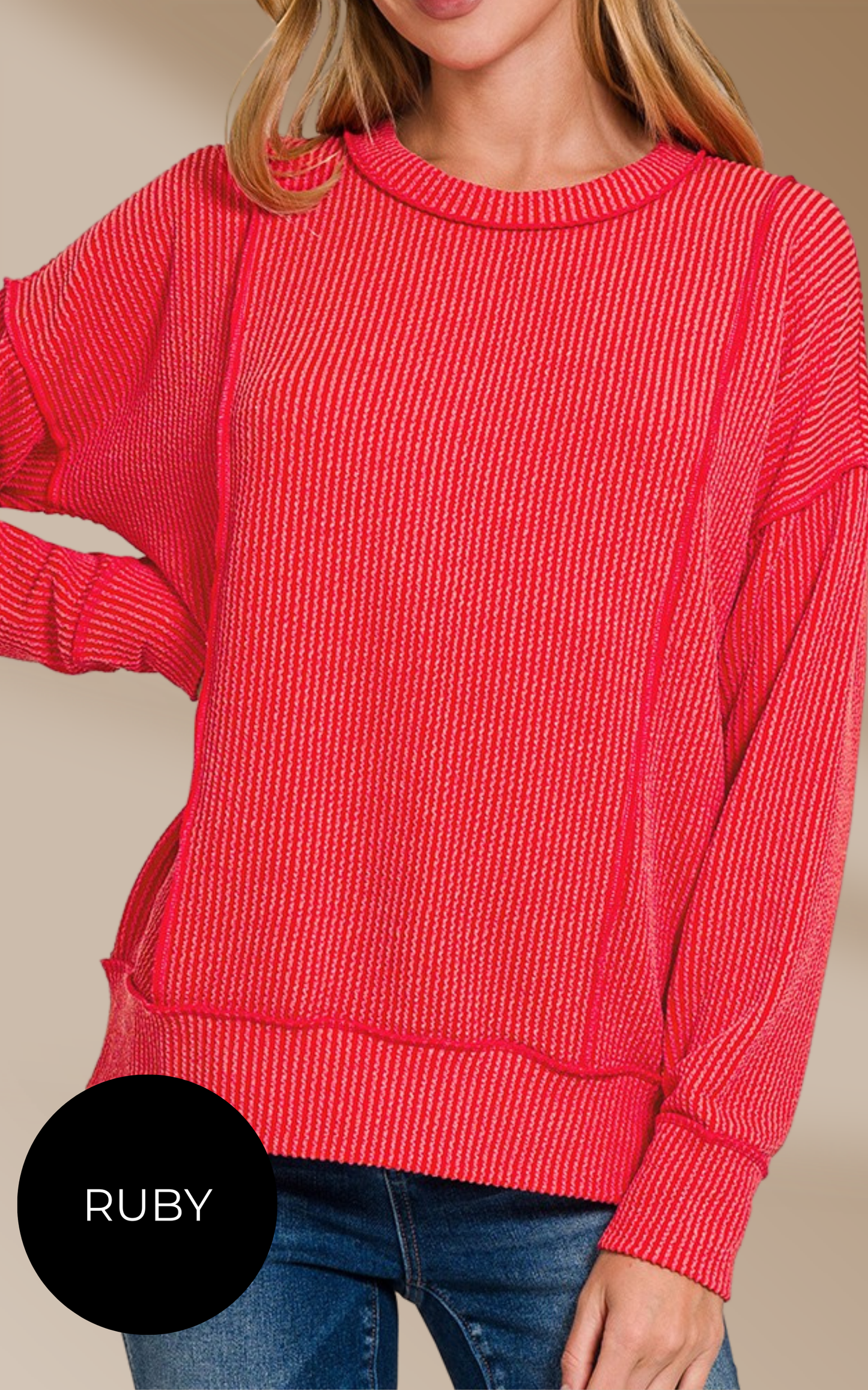 Corded Rib Long Sleeve Round Neck Pullover* - Final Sale