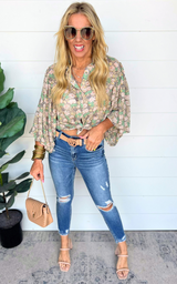 Floral Green Button Down Puff Sleeve Blouse