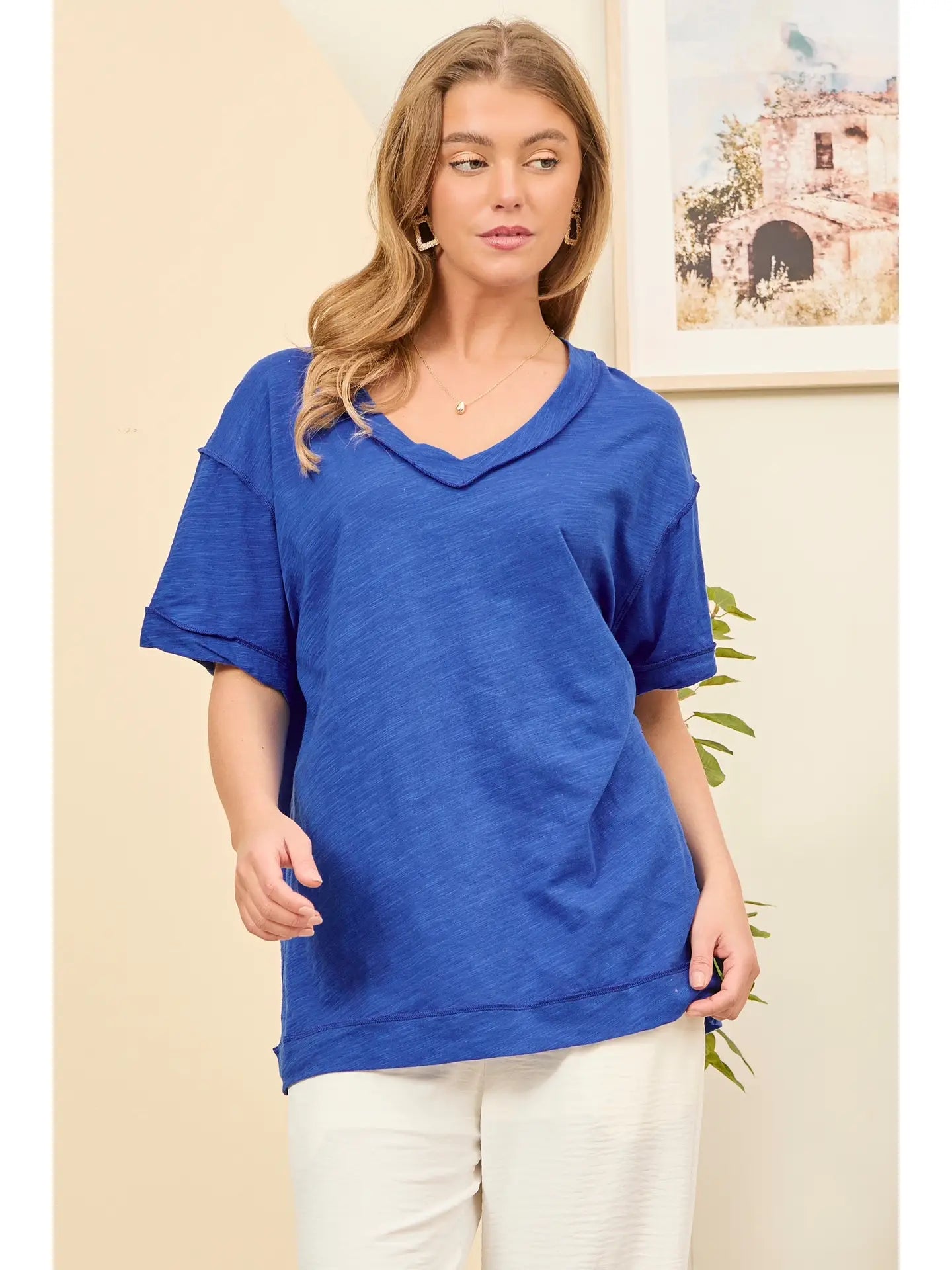 Raw Edge Detail Cotton V Neck Top *DEAL