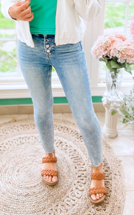 Mid Rise Button Fly Crop Skinny Jeans