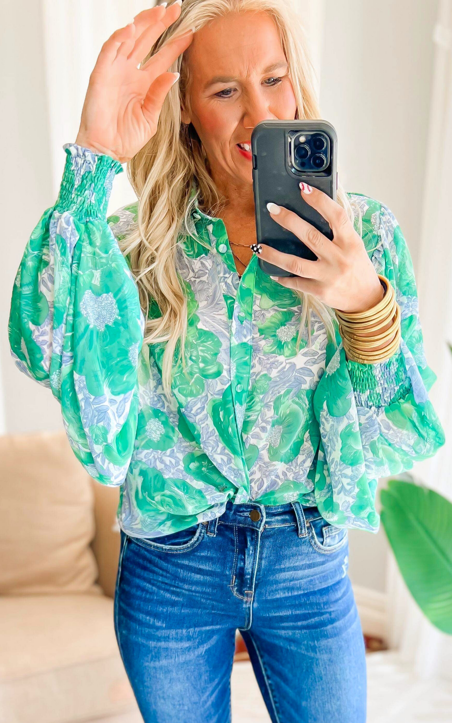 Garden of Luxury Floral Puff Sleeve Blouse - Kelly Green -Final Sale