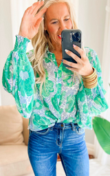 Garden of Luxury Floral Puff Sleeve Blouse - Kelly Green -Final Sale