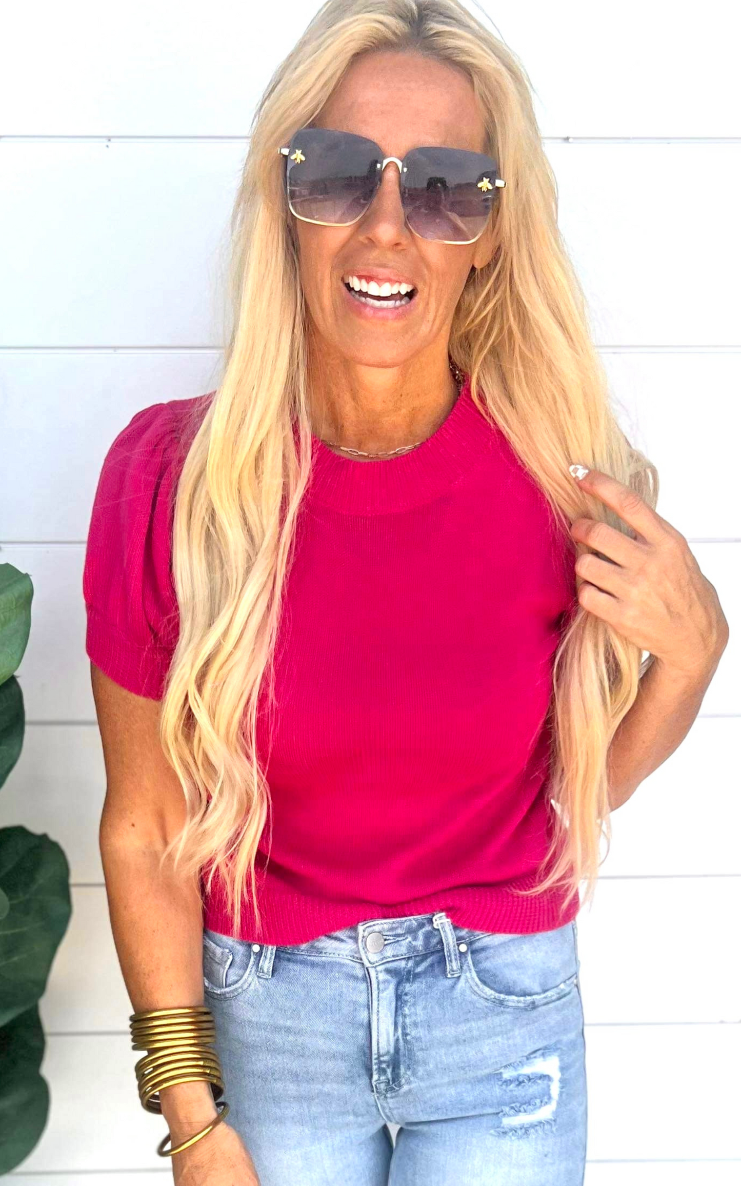 Fuchsia Puff Sleeve Knit Top