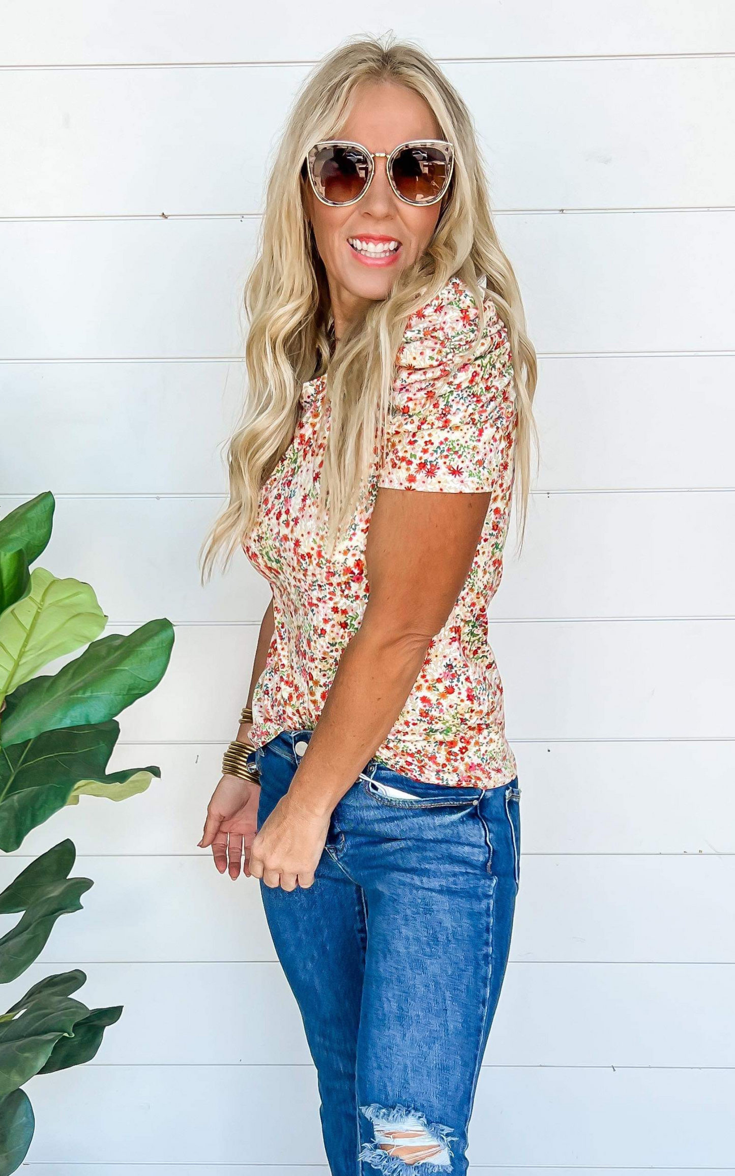 Wild Blooms Floral Top with Ruffled Sleeves