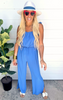 Textured Clean Blue Tie Shoulder Ruched Jumpsuit