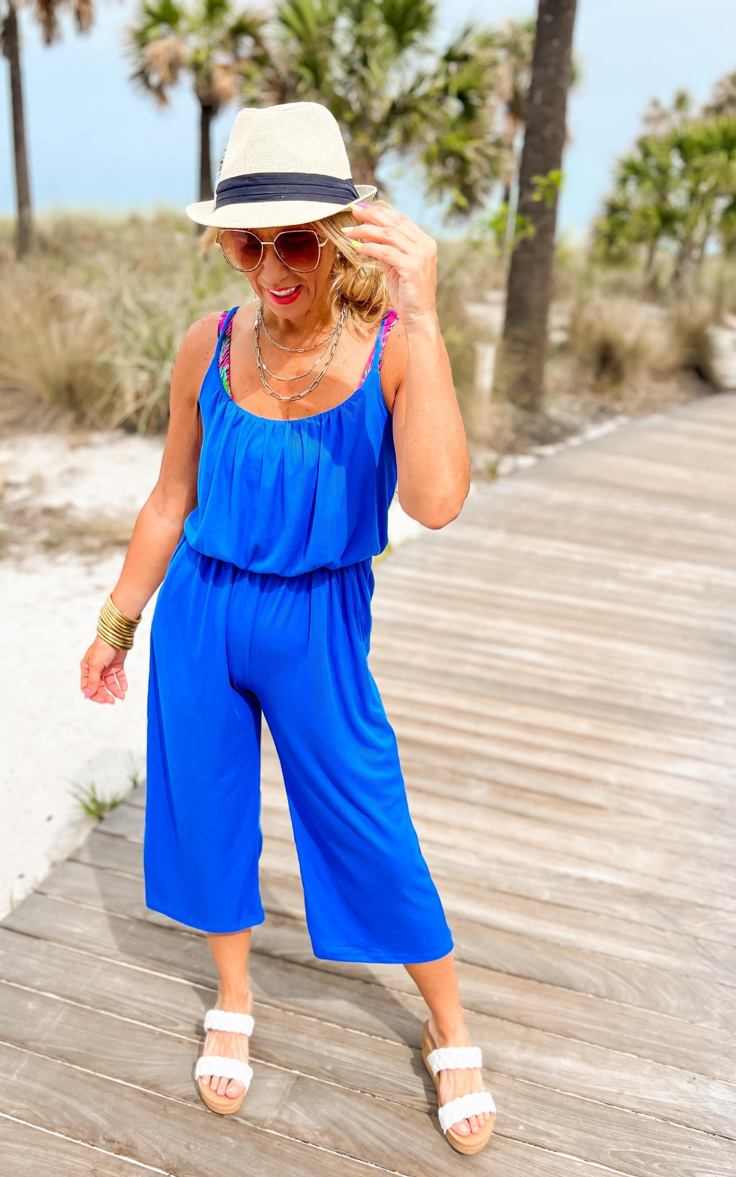 Cropped Spaghetti Strap Jumpsuit - Blue