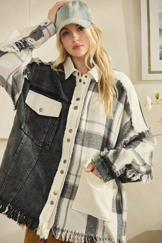 Black Washed Faric Mix Button Down Shacket | OLI & HALI *NASHVILLE LIVE PREORDER